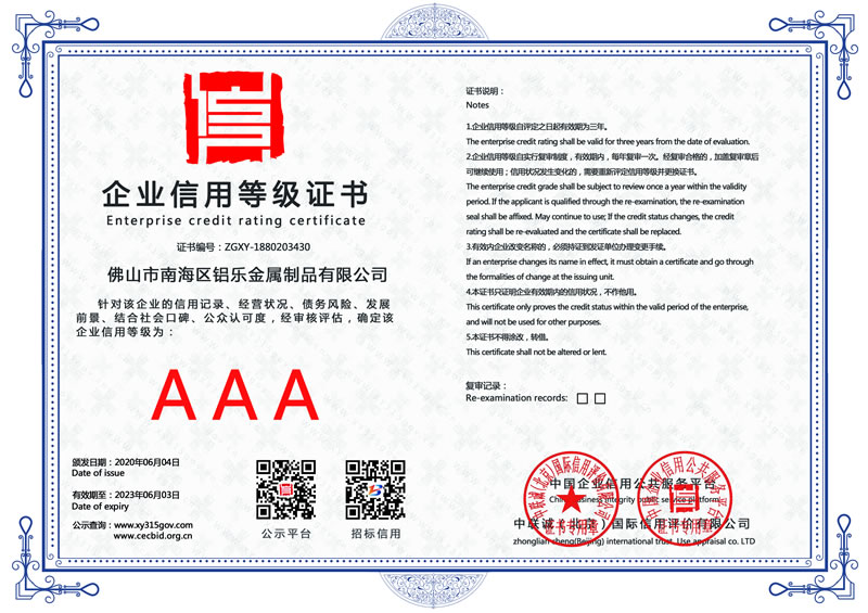河南企业信用等级证书